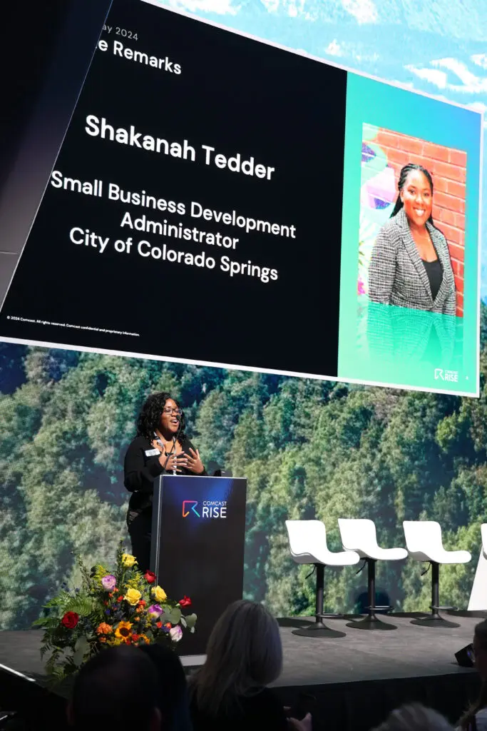 Shakanah Tedder speaking at the Comcast RISE Day celebration in Colorado Springs, Colorado.