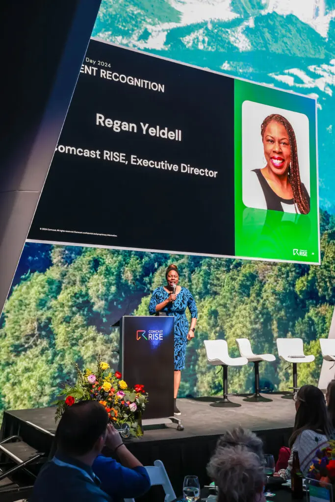 Regan Yeldell speaking at the Comcast RISE Day celebration in Colorado Springs, Colorado.