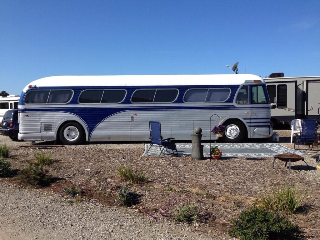 Retrofitted 1958 Greyhound bus.