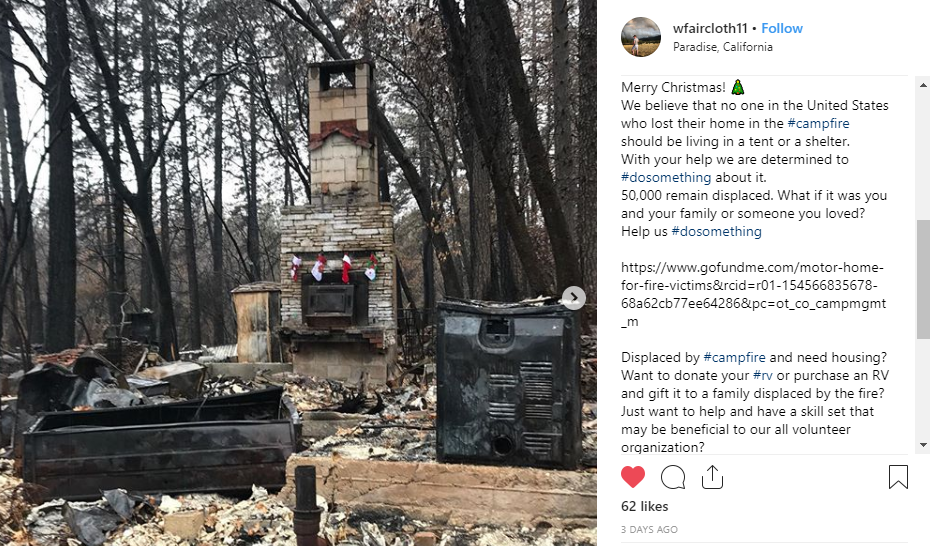 Social media post from Woody during his Christmas visit to Paradise, CA.