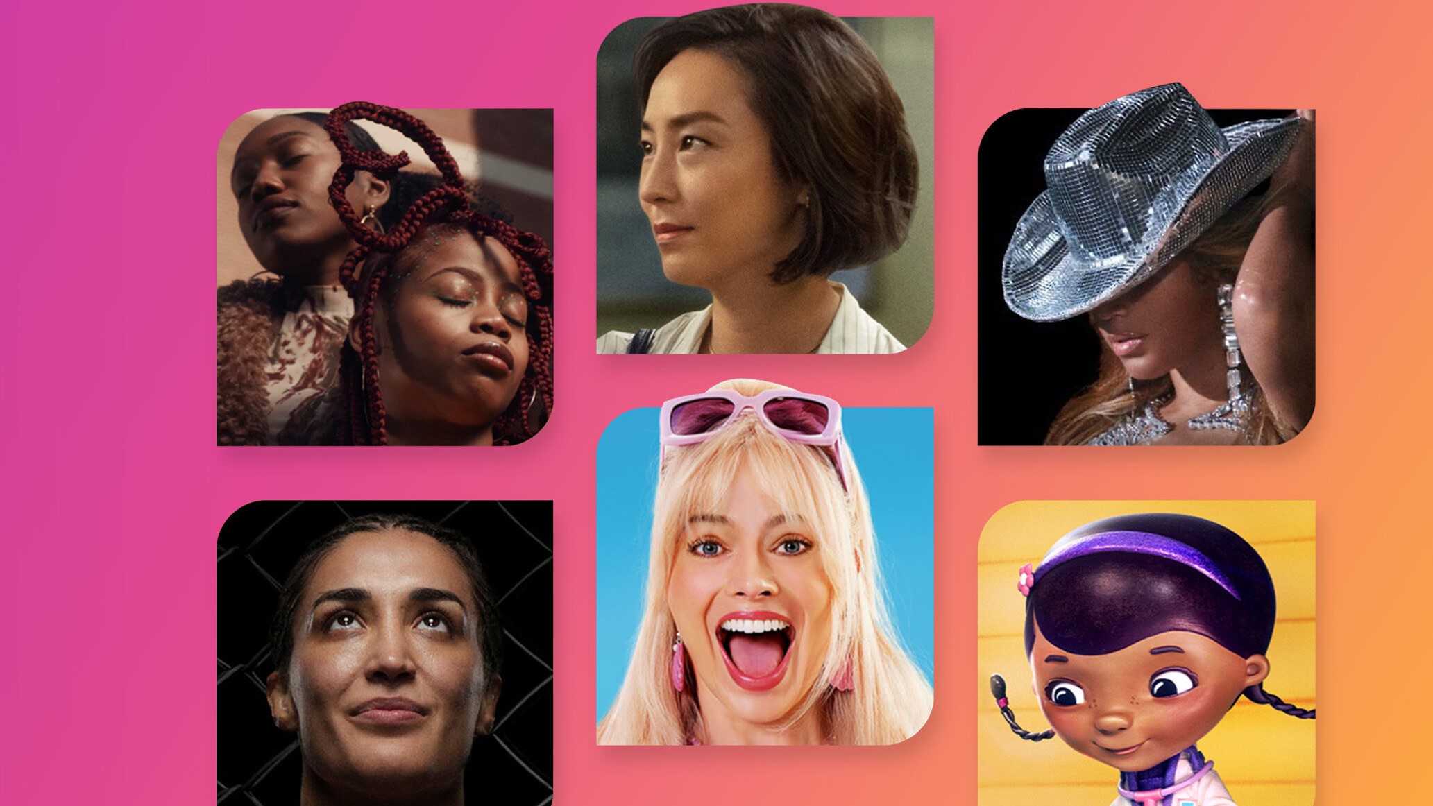 Image of pop culture icons featuring text that says "Comcast Celebrates Women’s History Month"