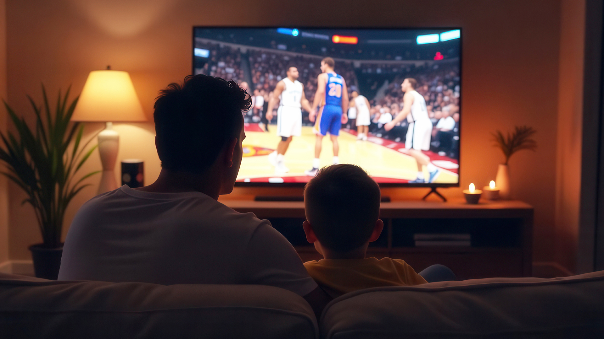 Family watching a college basketball game.