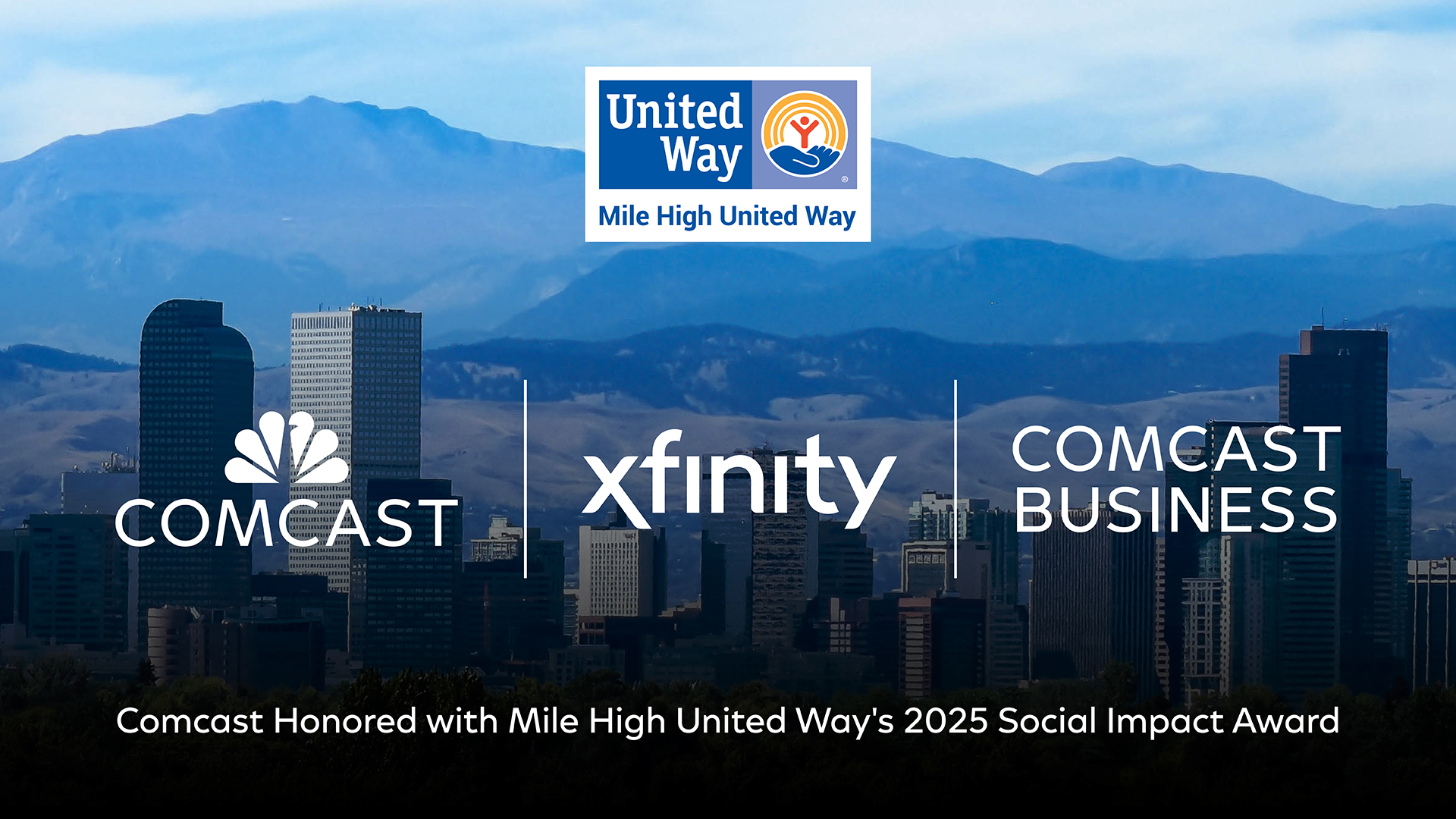 Downtown Denver cityscape with the Comcast and Mile High United Way logos.